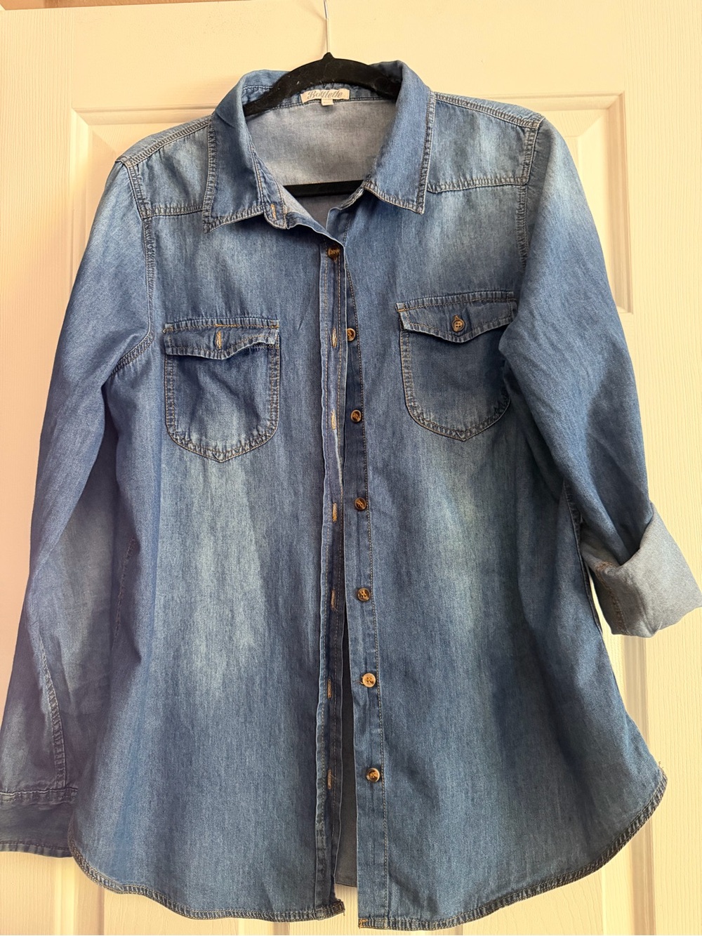 Bottlette Women's Light Blue Denim Button-Down Shirt - Casual Chest Pockets